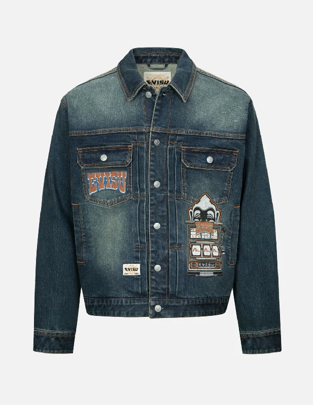 Full Sleeve Jacket-Logo and Godhead Lucky Slot Machine EmbroideriesRelax Fit Denim Jacket