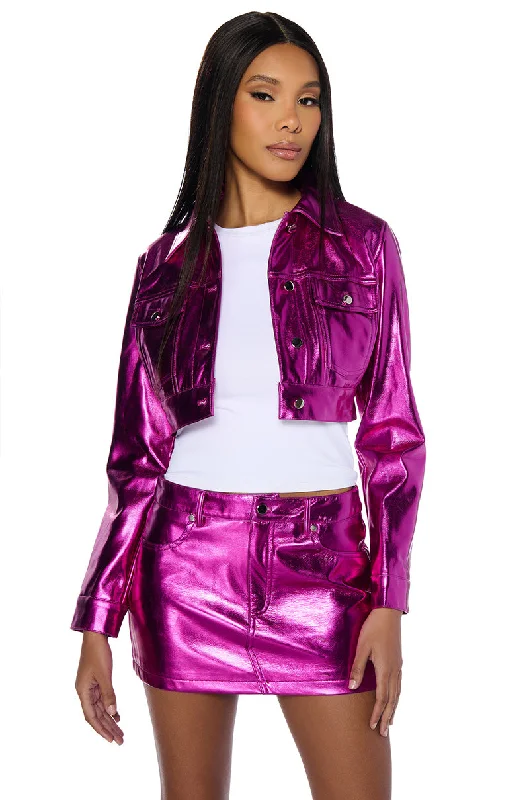 Motorcycle Jacket-CELEBRATE METALLIC FAUX LEATHER CROP JACKET