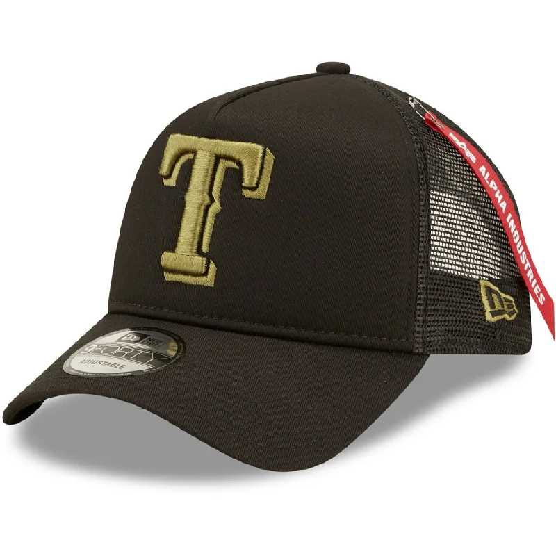 Elegant Hat-New Era Texas Rangers x Alpha Industries A-Frame 9FORTY Trucker Snapback Hat-Black