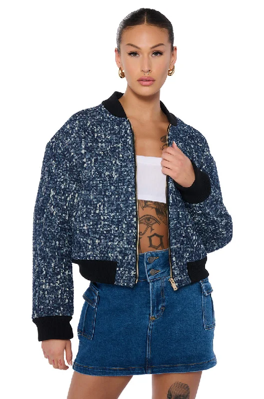 Military Jacket-MICRO DENIM WEAVE BOMBER JACKET