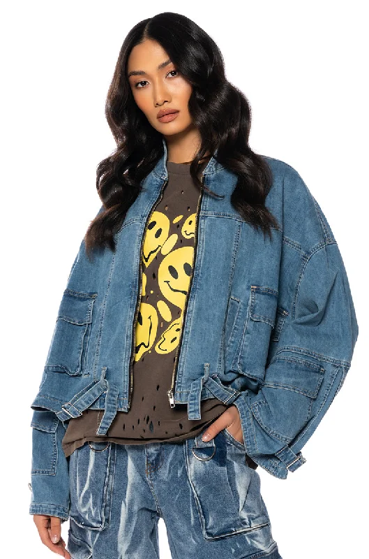 All-weather Jacket-LA ISLA CARGO OVERSIZED DENIM JACKET