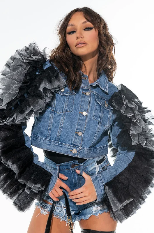 Moto Jacket-CHICKA CHICKA BOOM BOOM DENIM RUFFLE JACKET