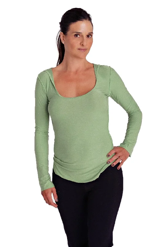 Bold Color Hoodie-Deep Scoop Neck Long Sleeve Hoodie Top (Bamboo Green)