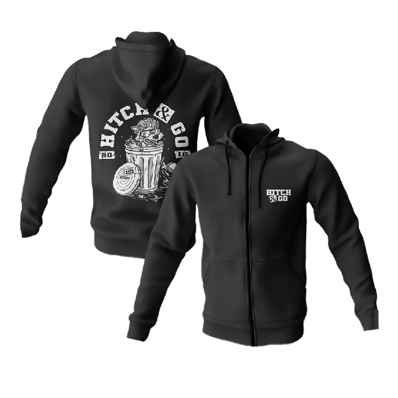 Performance Hoodie-HITCH & GO - "Trash Can Racoon" (Black) (Zip Hoodie)