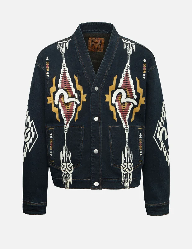 Warm Jacket-Chimayo Tapestry and Seagull Print Reversible Boxy Denim Jacket