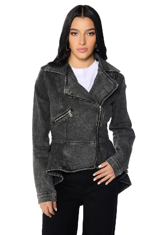 Designer Jacket-ABOUT THAT TIME DENIM PEPLUM MOTO JACKET