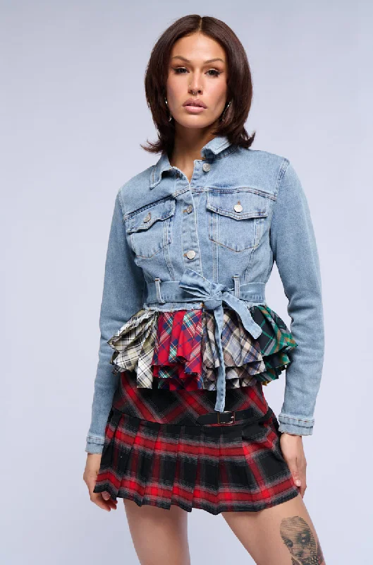 Lightweight Puffer Jacket-BABY GIRL PLAID PEPLUM DENIM JACKET