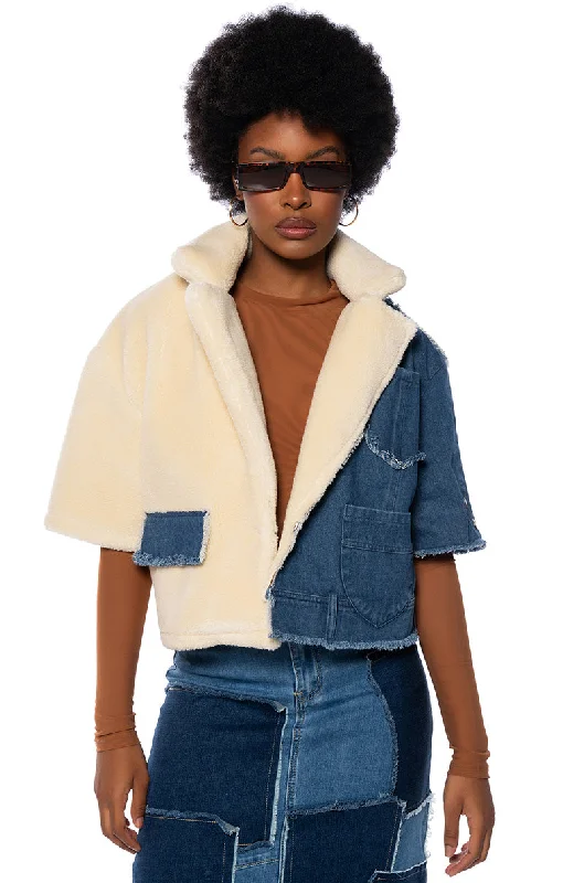 Performance Jacket-AMIEE SHORT SLEEVE DENIM SHERPA JACKET