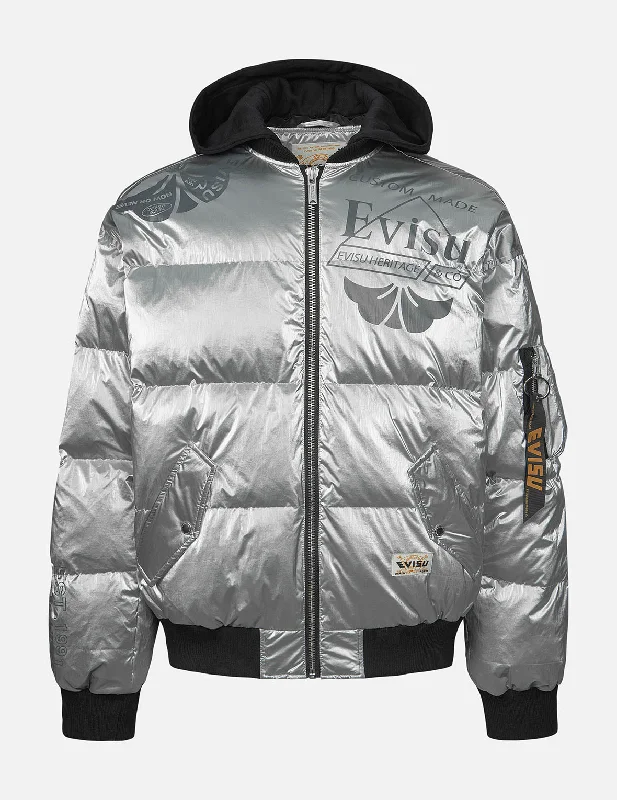 Lightweight Puffer Jacket-Logo and Kamon Print Bomber Down Jacket