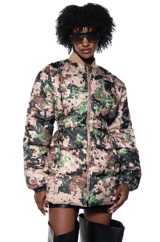 Cargo Jacket-PIXIL CAMO PEPLUM PUFFER JACKET