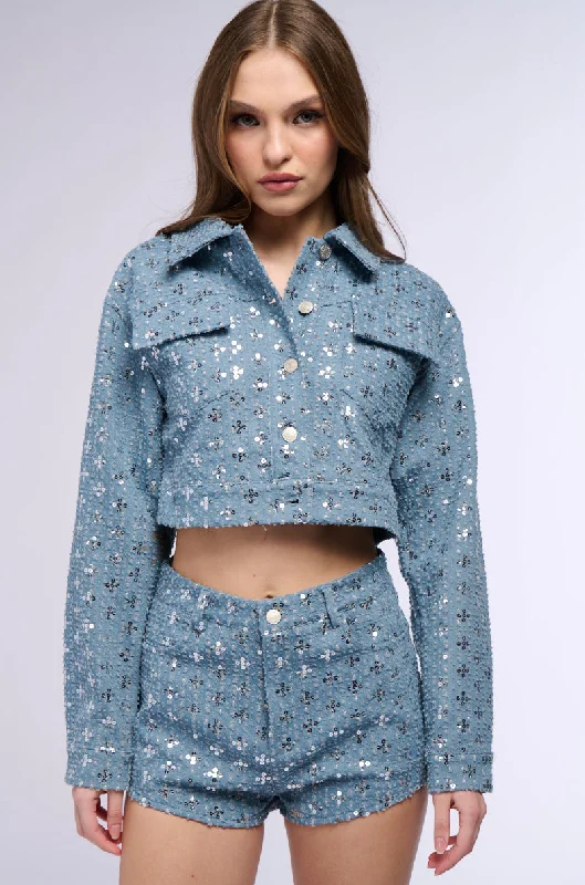 Statement Leather Jacket-TEXTURED SEQUIN DENIM CROP JACKET