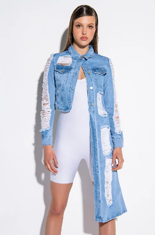 Waterproof Jacket-HI LO DISTRESSED DENIM JACKET