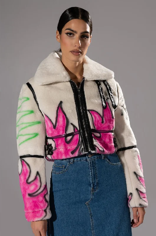 Elegant Jacket-CRUSHING IT GRAFITI CROPPED SHERPA JACKET