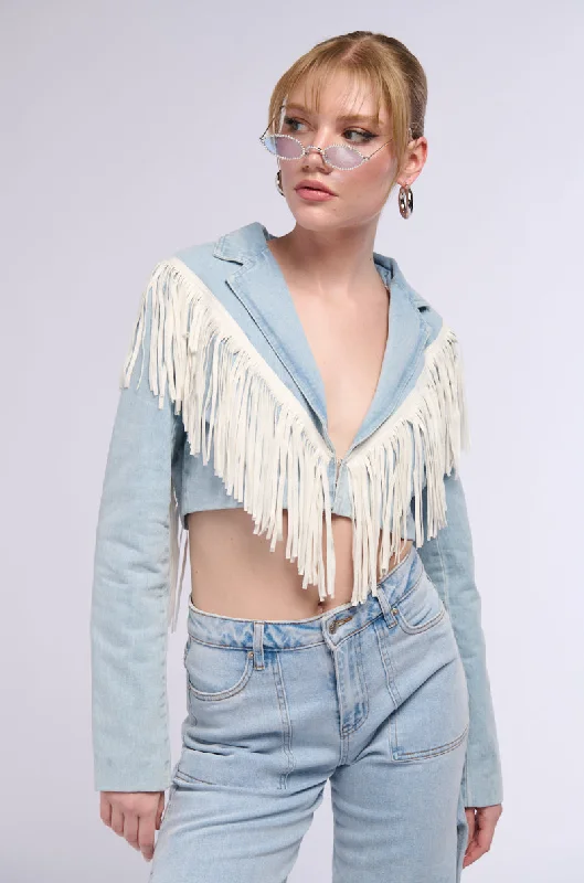 Functional Jacket-TEXAS RODEO WEEK FRINGE DENIM JACKET