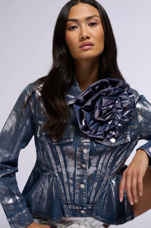 Outdoor Gear Jacket-MONIQUE FLOWER DETAIL METALLIC DENIM JACKET