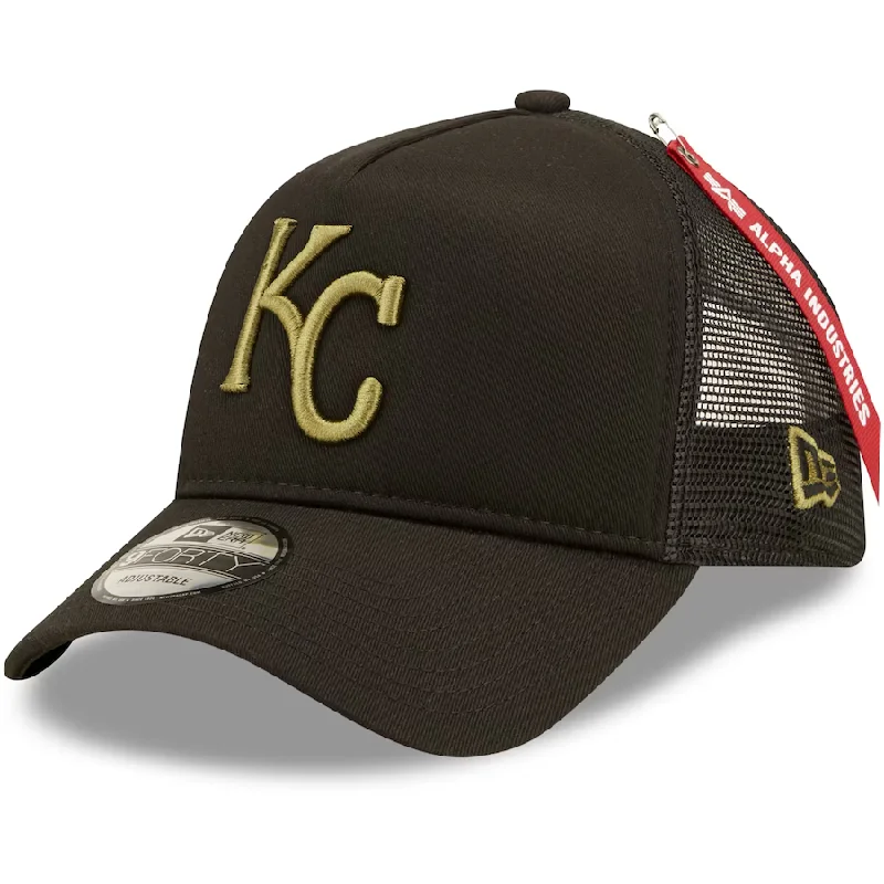 Vintage Hat-New Era Kansas City Royals x Alpha Industries A-Frame 9FORTY Trucker Snapback Hat-Black