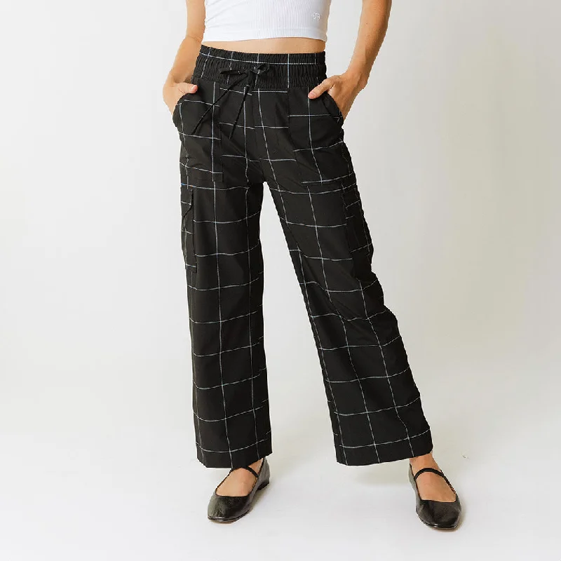 Printed Pants-Audrey Cargo Trouser, Black Windowpane