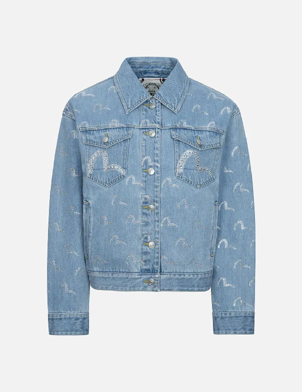 Elegant Jacket-Allover Rhinestone Seagull Loose Fit Denim Jacket