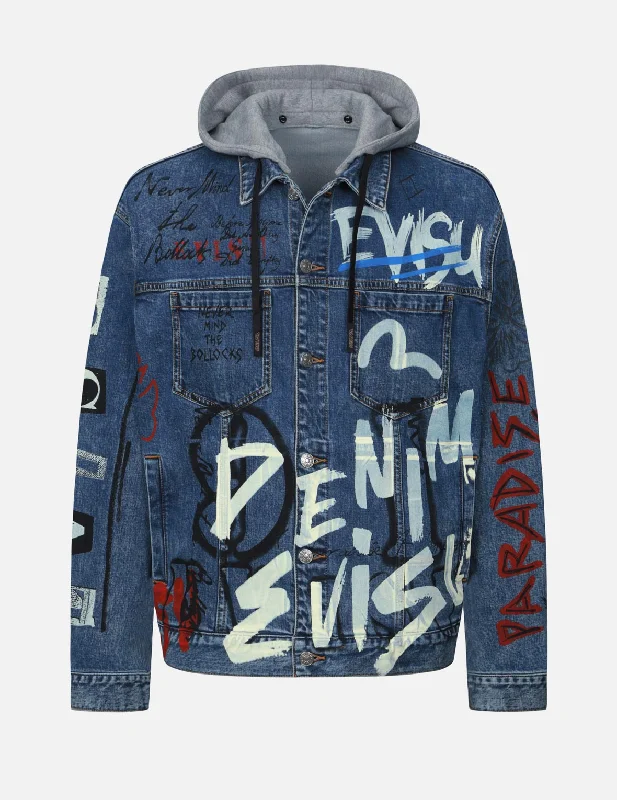 Mountain Jacket-Graffiti Print Loose Fit Hooded Denim Jacket