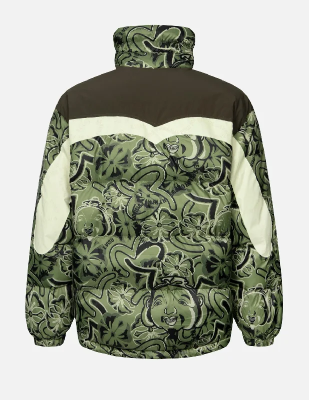 Flexible Jacket-Allover Godhead and Kamon Daicock Print Loose Fit Down Jacket