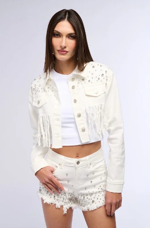 Business Jacket-RILEE EMBELLISHED DENIM CROP JACKET IN WHITE