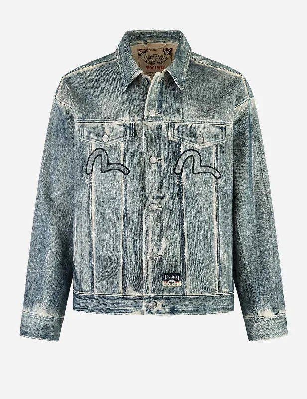 Outdoor Adventure Jacket-Kamon and Seagull Appliqué with Rubbing Print Fashion Fit Denim Jacket