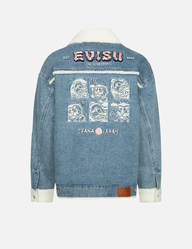 Double-breasted Jacket-Daruma and Fortune Cat Embroidery Sherpa-lined Denim Jacket