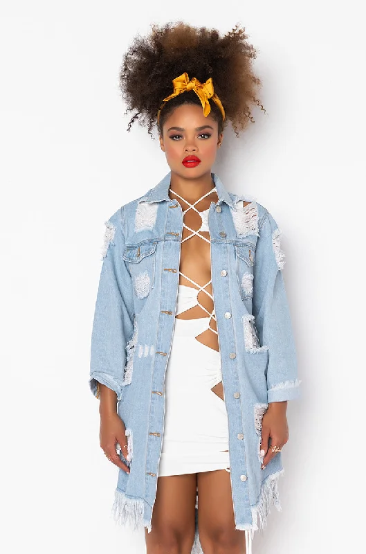 Motorcycle Jacket-GOOD TO BE BAD DISTRESSED DENIM JACKET DENIM