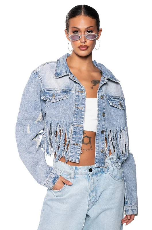 Leather Jacket-SHREDDED FRINGE CROPPED DENIM JACKET