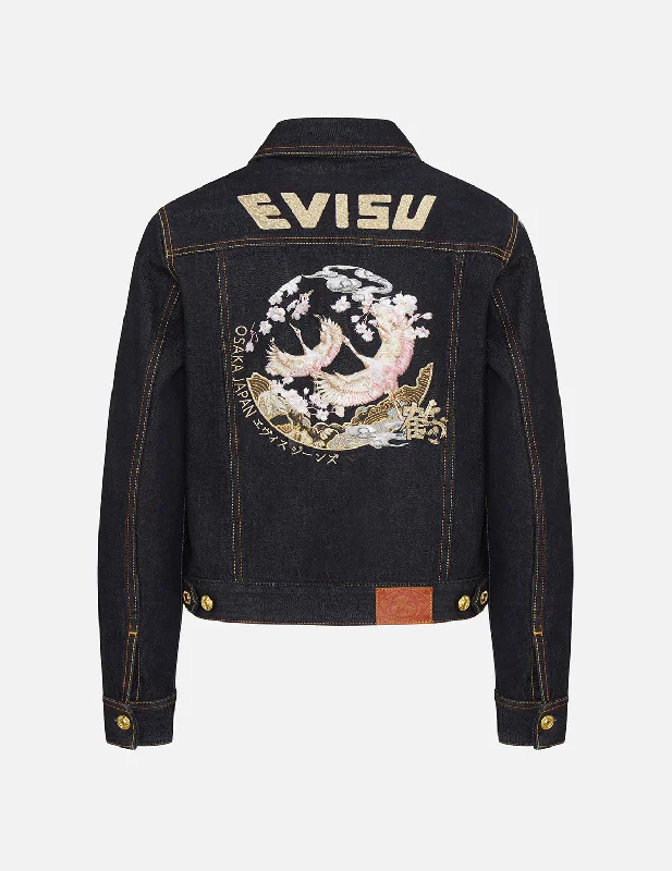 Denim Jacket-Crane Graphic Embroidered Denim Jacket