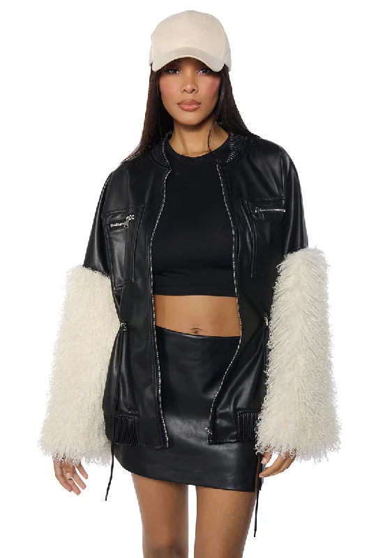 High-performance Jacket-A LITTLE BIT MORE PU JACKET WITH FAUX FUR SLEEVES AND CINCHED WAIST DETAILING