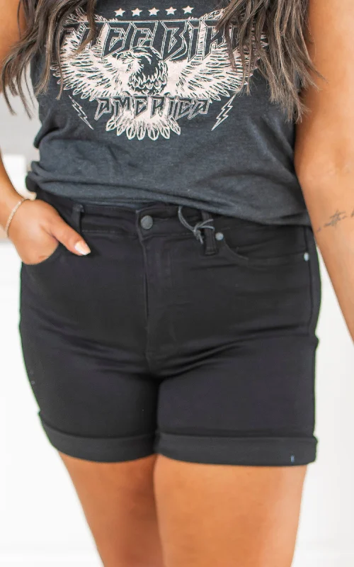 Cozy Shorts-The Mila Tummy Control Black Denim Shorts (REG/CURVY) | JUDY BLUE - Final Sale