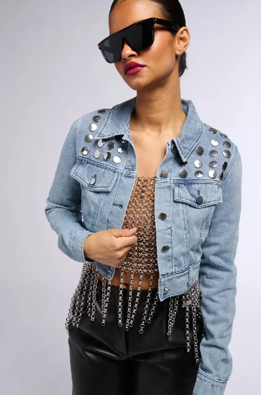 Snow Jacket-CROPPED DENIM JACKET WITH CIRCLE STUDS