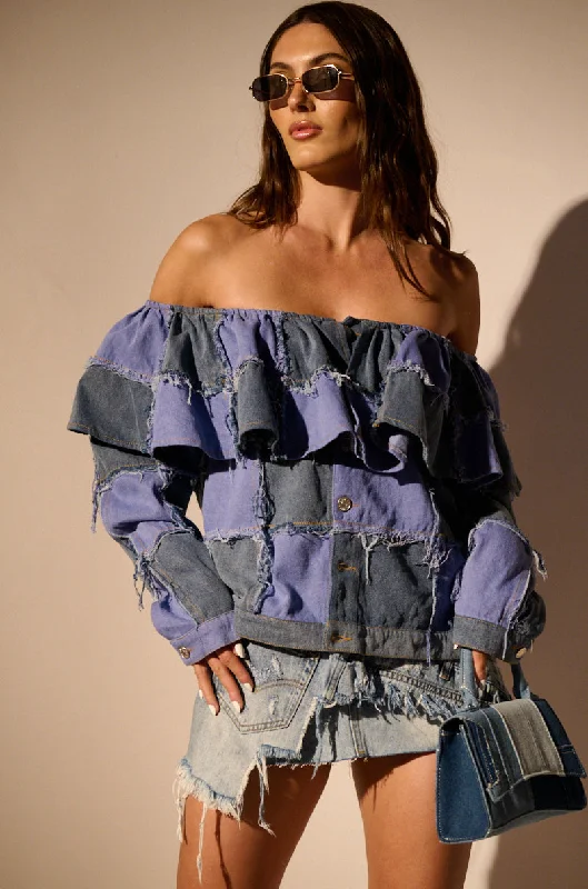 Field Jacket-OFF SHOULDER PATCHWORK DENIM JACKET