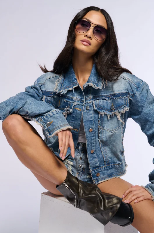 Travel-ready Jacket-TIME OF THE SEASON DISTRESSED DENIM JACKET