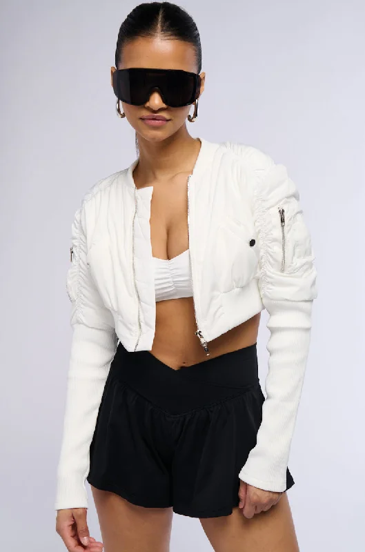 Statement Leather Jacket-BABBS RIBBED SLEEVE BOMBER JACKET IN WHITE