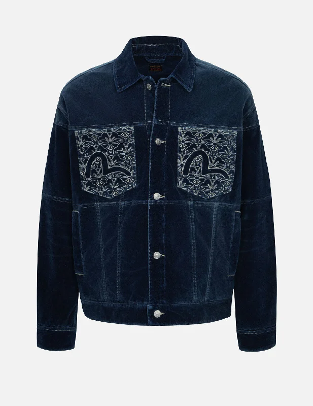 Waterproof Jacket-Seagull and Allover Kamon Embroidery Pockets Loose Fit Padded Denim Jacket