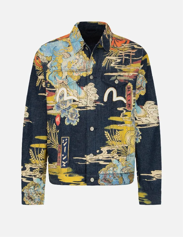 Rain Jacket-Komainu Vintage Japanese Painting Print Denim Jacket