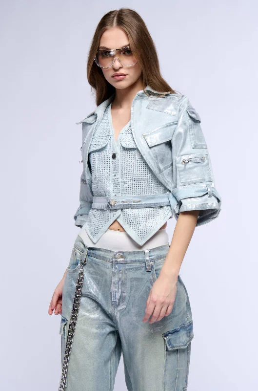 Outdoor Gear Jacket-CARGO CROPPED CUT METALLIC DENIM JACKET