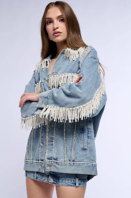 Casual Jacket-SHOW STOPPER PEARL EMBELLISHED DENIM JACKET