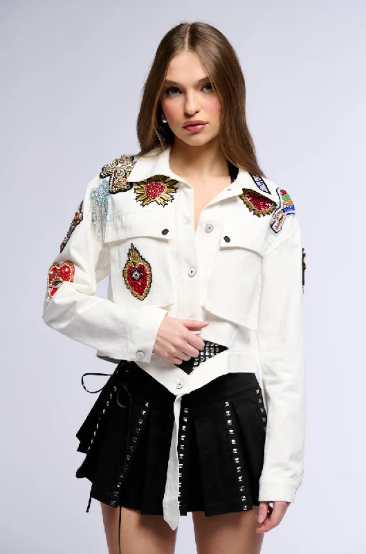 Modern Jacket-COUNT YOUR BLESSINGS CROP DENIM JACKET WITH PATCHES