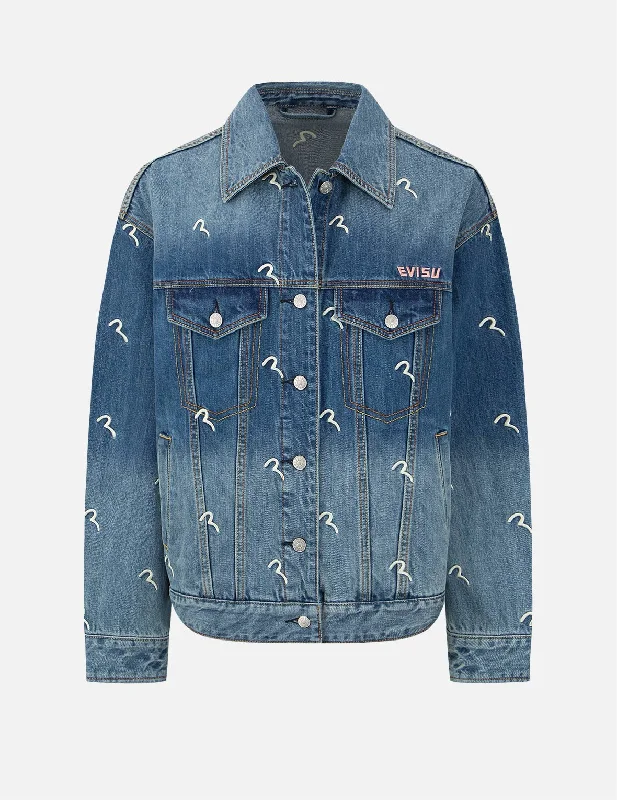 Motorcycle Jacket-Allover Seagull Embroidery Denim Jacket