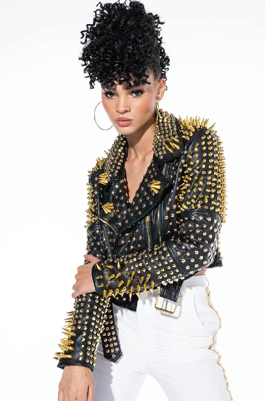 Outdoor Adventure Jacket-LUCIFER GOLD SPIKE STUD MOTO JACKET