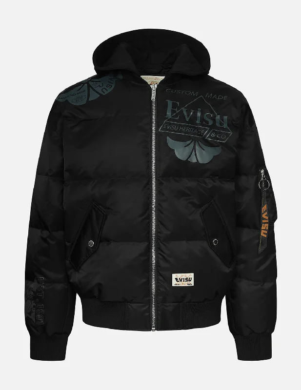 Techwear Jacket-Logo and Kamon Print Loose Fit Bomber Down Jacket