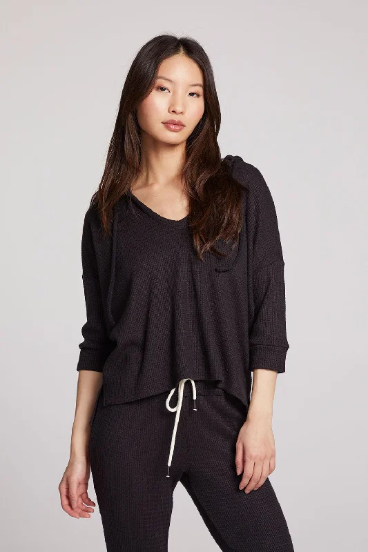 Practical Hoodie-3/4 Sleeve Split Side Licorice Dolman Hoodie