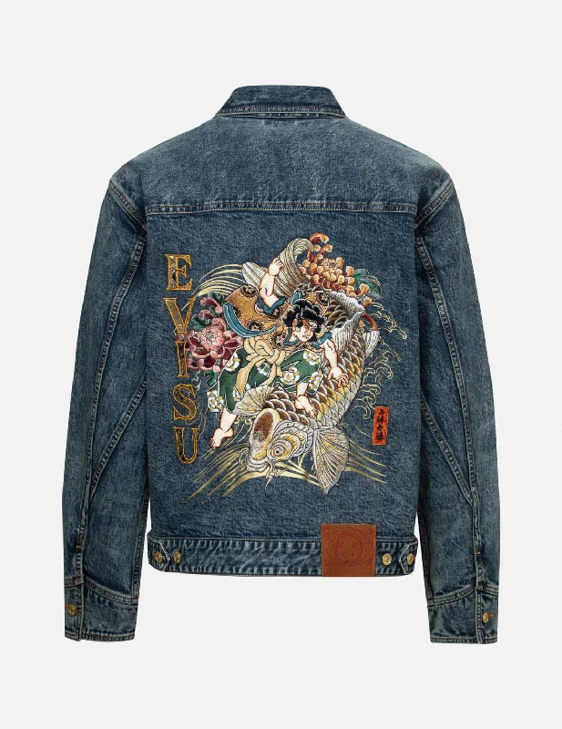 Designer Jacket-Kamon and Seagull Brocade Appliqué with Carp Embrodiery Relax Fit Denim Jacket