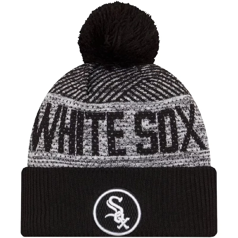 Trilby Hat-New Era Chicago White Sox Authentic Collection Sport Cuffed Knit Hat with Pom-Black/Grey