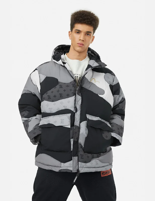 Relaxed Fit Jacket-Quilted Camouflage Panels and Allover Logo Print Loose Fit Down Jacket