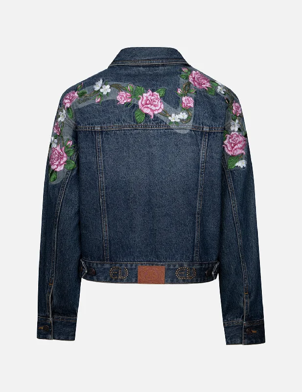 Retro Jacket-Roses Daicock with Studs Logo Loose Fit Denim Jacket