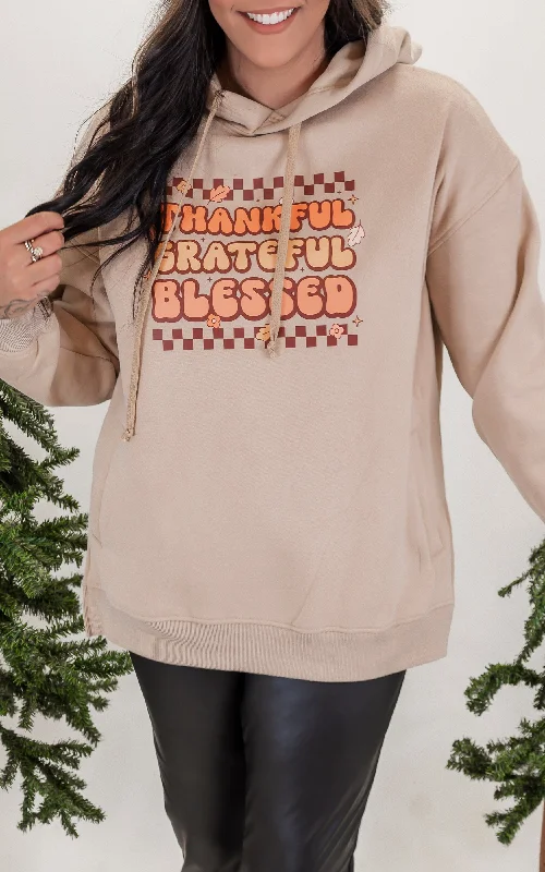 Graphic Hoodie-Thankful Grateful & Blessed Taupe Side Slit Hoodie - Final Sale